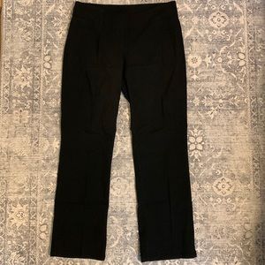 Stretchy, black, straight leg, pull- on trousers. Ponte fabric.